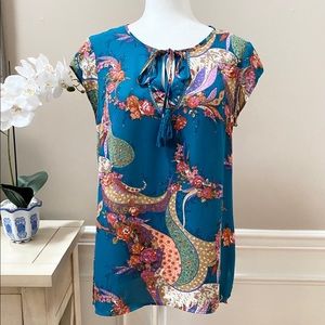 DR2 Floral Print Tie Front Capped Sleeve Boho Top M